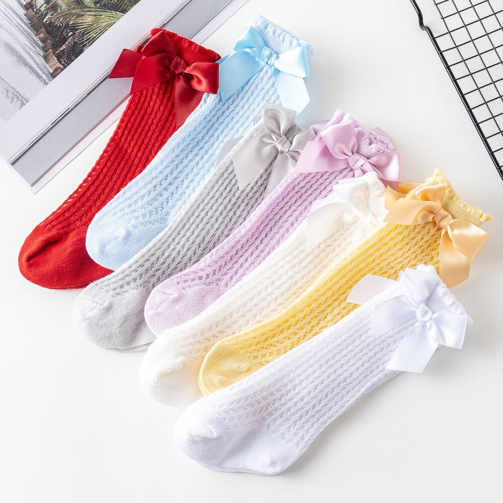 Zomer Baby Meisje Sokken Leuke Bows Baby Lange Sokken Soft Cotton Baby Peuter Visnet Mesh Ademend Knie Hoge Sokken