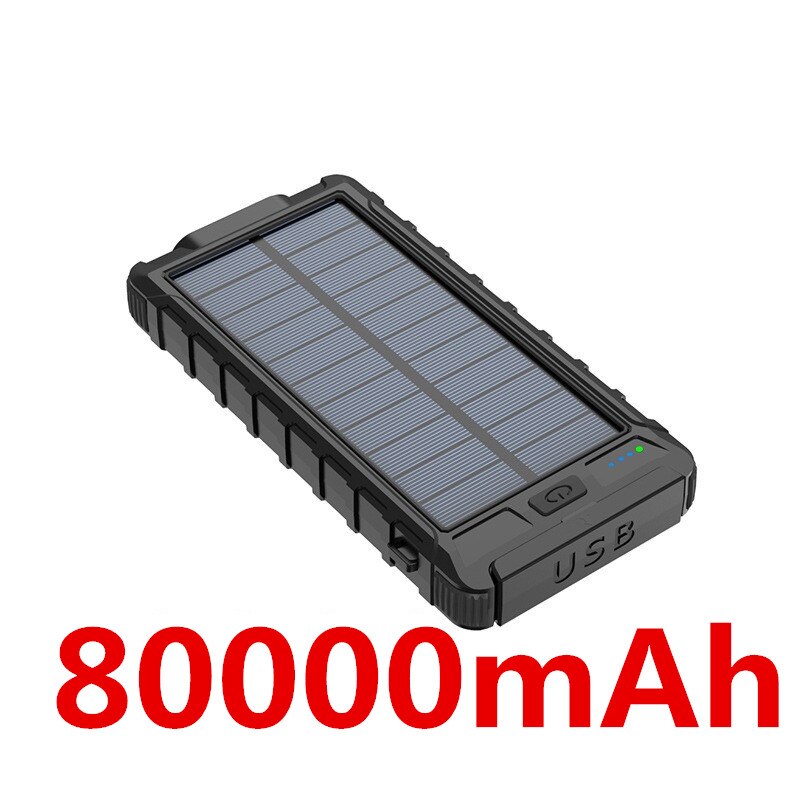 Solar Power Bank Waterdichte 80000Mah Solar Charger Usb-poort Externe Lader Voor Xiaomi 5 5s Smartphone Power Bank Met led Licht: black-80000mAh