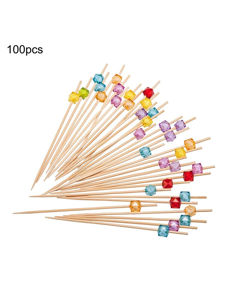 Palillos para cóctel de bambú desechables, palillos para cóctel, fruta, sándwich, hamburguesa, cuentas cuadradas de colores, decoración para platos de cóctel, 100 uds.