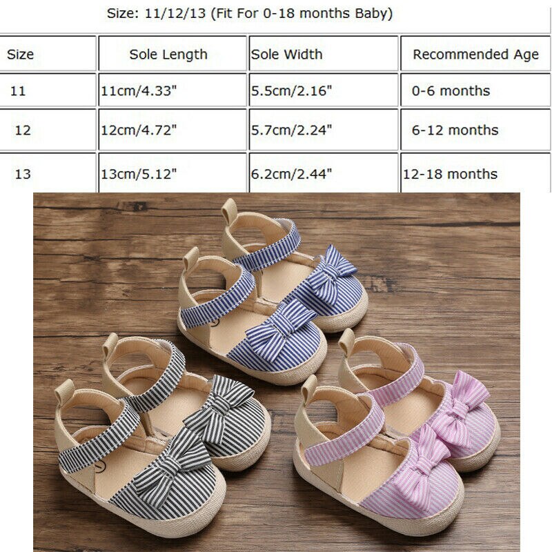 Toddler Newborn Baby Girl Soft Sole Crib Shoes Anti-slip Striped Bow Prewalker Sandals 0-18M