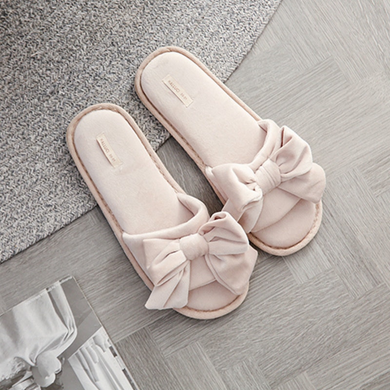Pantufas femininas soladas e antiderrapantes, sapatos de mulher com laço e sola macia, para quarto e primavera chinelos