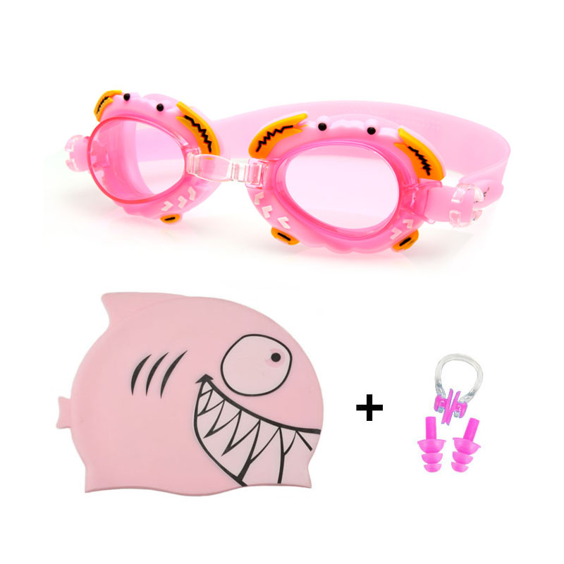 Boy Girl Swimming Goggles Children Silicone Dolphin Fish Caps Ear plug Nose Set Diving Glasses Waterproof Kids Swim Pool Eyewear: Pink Shark