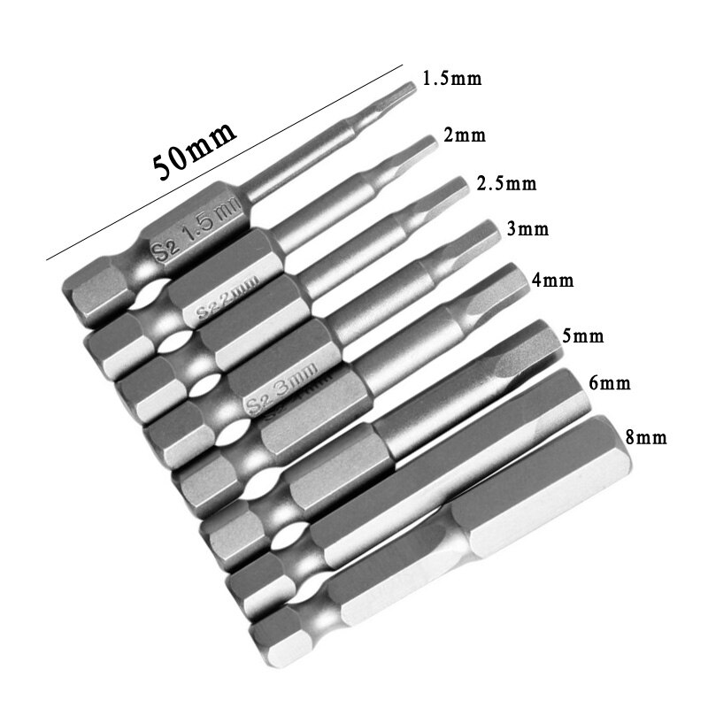 8 Stuks Set 50Mm 1/4 Inch Hex Shank Magnetic Hex Schroevendraaier Bits Elektrische Driver Bits Schroevendraaier Boor s2 H1.5-H8