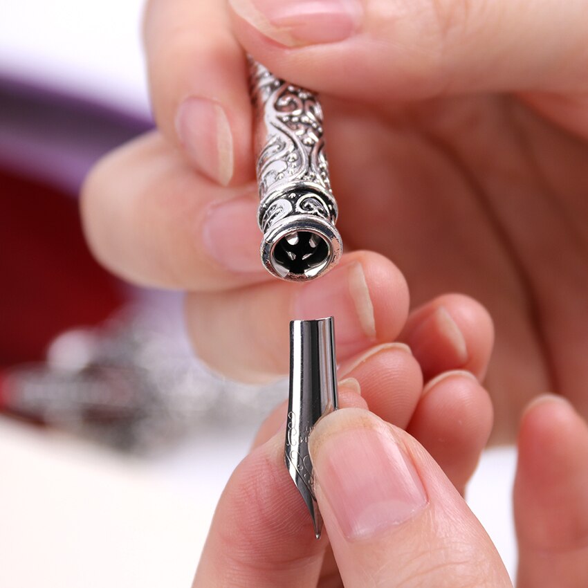 1 Set Feather Dip Fountain Pen Chancery Quill Writing Pens +5pcs Nib Carved Metal For Fancy Font Calligraphy Pen
