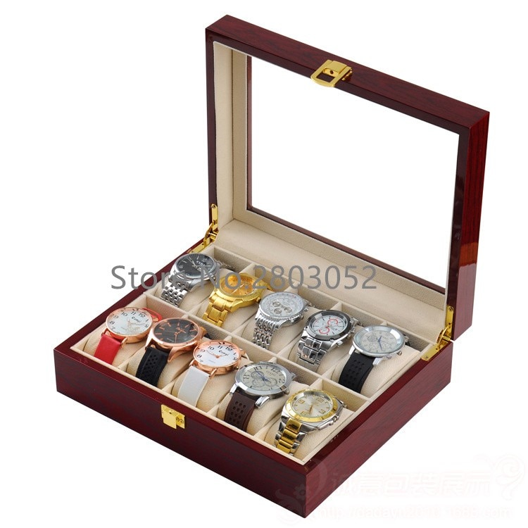 (Speciale Prijs) 10 Slots Hout Horloge Display Dozen Case Licht Rode Houten Horloge Organizer Mechanische Horloge Opslag Gevallen