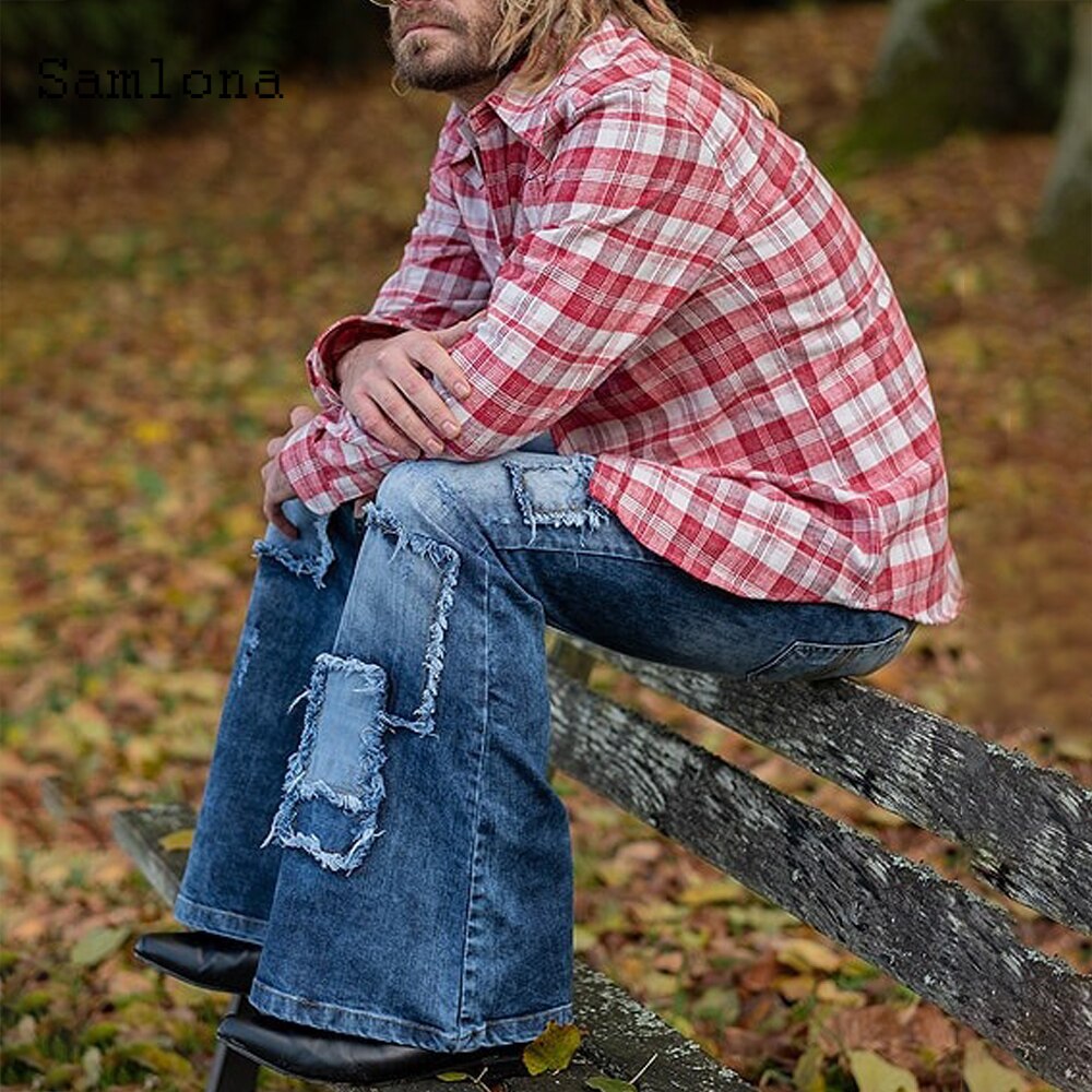 De talla grande 3XL hombres Jeans tela vaquera con corte de bota pantalones adelgazamiento Pantalones Hombre Pantalones vaqueros de retazos lápiz pantalones ropa para hombre