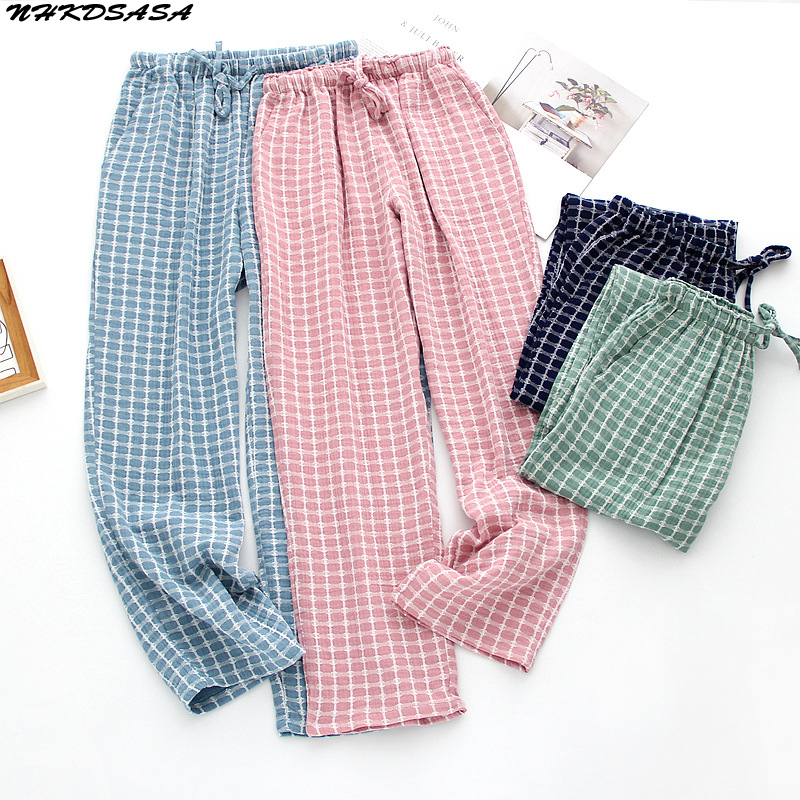 NHKDSASA Men's Cotton Gauze Trousers Plaid Sleep Pants Woman Pajamas Pants Bottoms Sleepwear Short for Couples Pijama Hombre