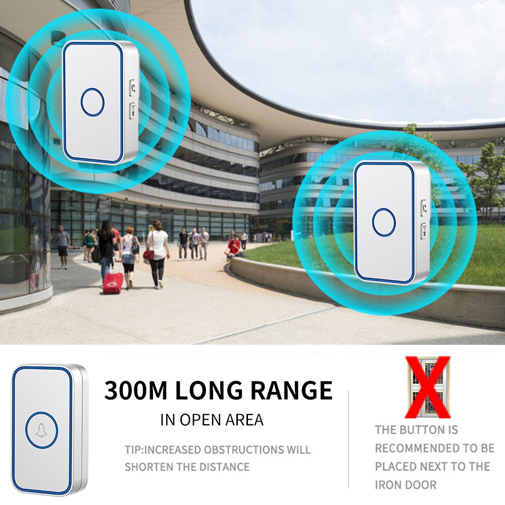 Wemeda intelligent trådlös dörrklocka vattentät 1 knapp 4 mottagare us eu uk plug hem dörr ring klocka 60 klockspel 0-110db 5 volym