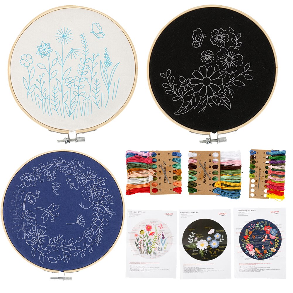 Stamped Embroidery Starter Kit with Embroidery Hoop Flowers Plants Embroidery Threads Tools Kit DIY Sewing Crafts for Starters