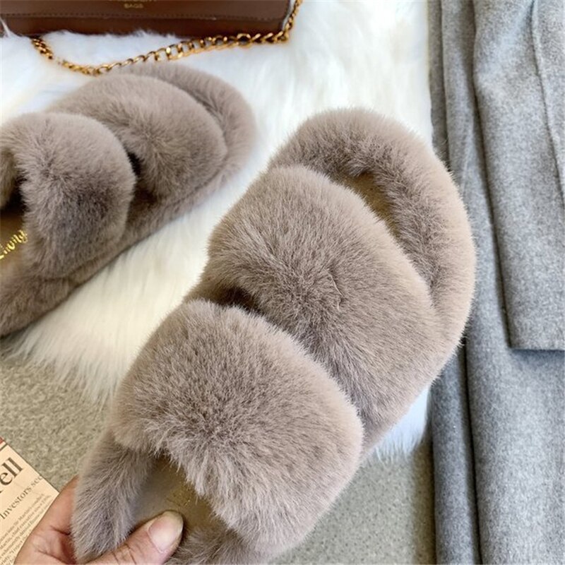 Enplei kvinner vinterhus fuzzy slippers pels varme sko kvinne slip on flats kvinnelige furry slides koselig hjem str 35-40