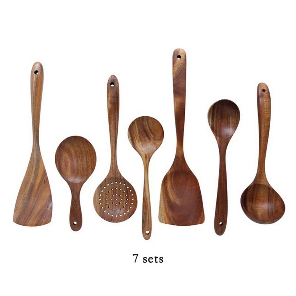 7Pcs Keukengerei Set Teak Natuurlijke Houten Tafel Lepels Herbruikbare Kookgerei Drinken Gereedschap Keuken Tool Non-stick Keuken Accessoires: Default Title