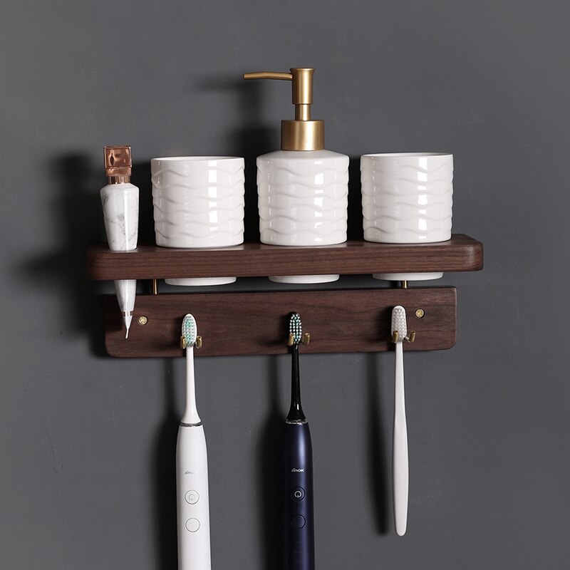 Toothbrush holder solid wood wall mounted electric toothbrush and cup storage rack bathroom rack brass toothpaste holder