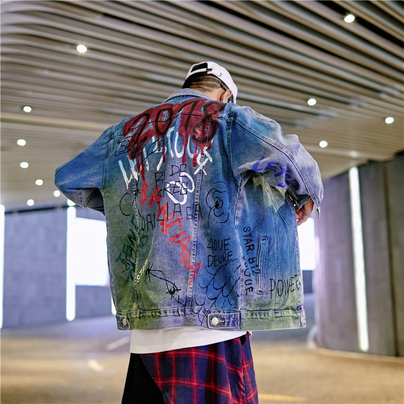 ABOORUN Men's Hip Hop Denim Jacket Graffiti Printed Denim Jacket Spring Autumn Streetwear Coat for Male x2177