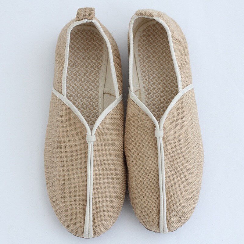 Mocasines de lino hechos a mano para hombre y mujer, alpargatas de color caqui con suela de goma, zapatos de cáñamo Retro Unisex, cómodos y planos sin cordones
