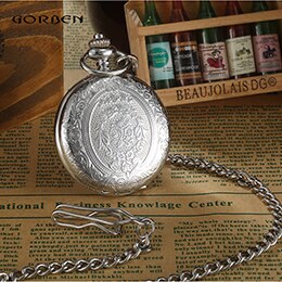 Retro Gobren Romeinse Cijfers Verzilverd Carving Zakhorloge Mode Klassieke Heren Analoge Quartz Horloge Fob Ketting Met Doos: Silver