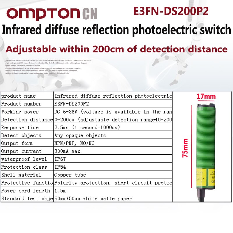 Photoelectric Sensors E3FN-DS200P2 PNP NC Infrared diffuse reflection photoelectric switch Detect objects Any opaque objects