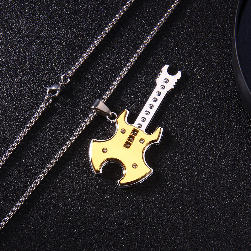 Stainless steel guitar pendant necklace men's trendy punk titanium steel sweater chain accessory jewelry: Lz28264-1