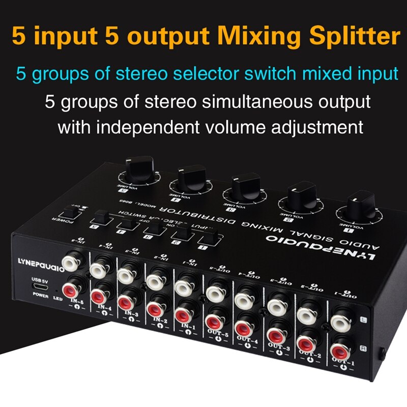 Dispositif de distribution de mixage sonore, sélection de Signal de fréquence Audio 5 en 5 sorties, commutateur indépendant d&#39;entrée/Interface RCA