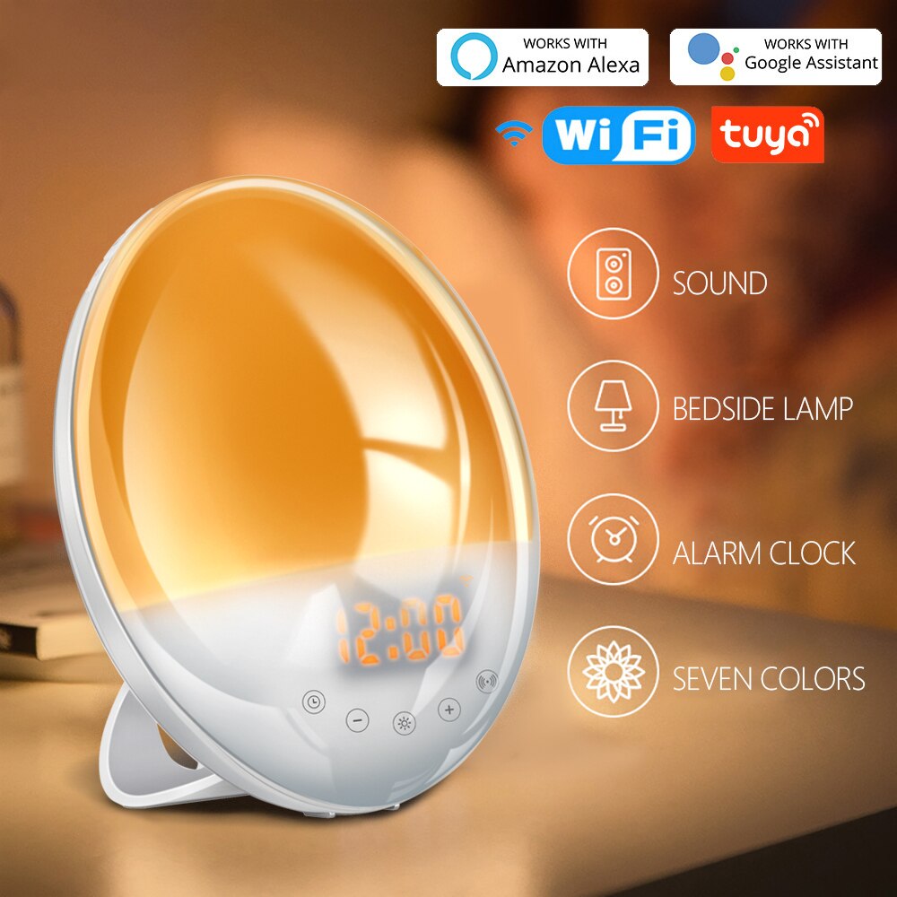 Acordar luz do nascer do sol despertador wi fi inteligente 7 cores nascer do sol/pôr do sol fm rádio digital nightlight relógio para alexa google casa