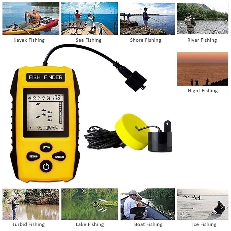 Portable Fish Finder Handheld Fishfinder Fishing Gear Depth Finder with Sonar Transducer and LCD Display (Yellow)
