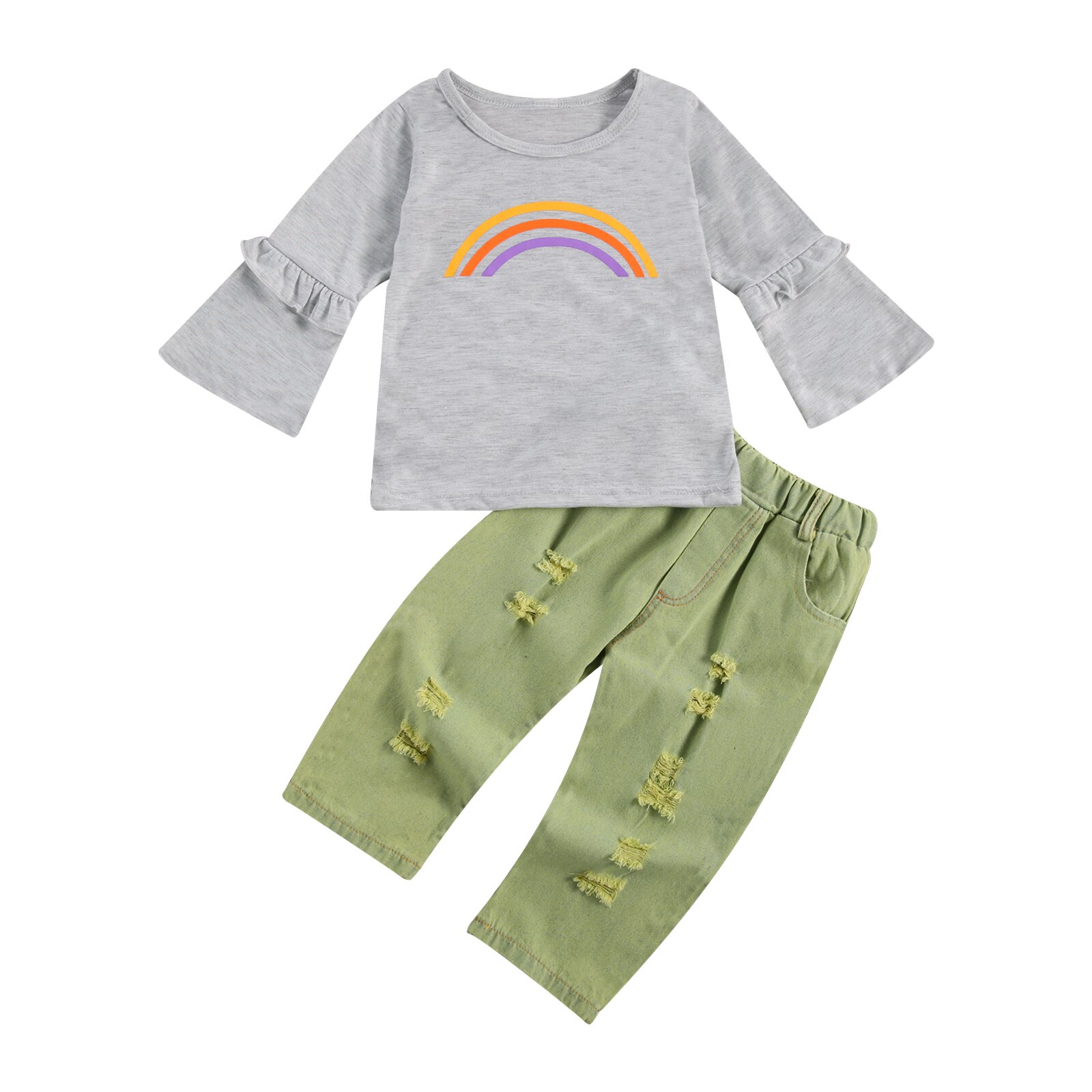 Meisjes Lange Mouw Regenboog Print Top + Ripped Broek Set: Pasgeboren