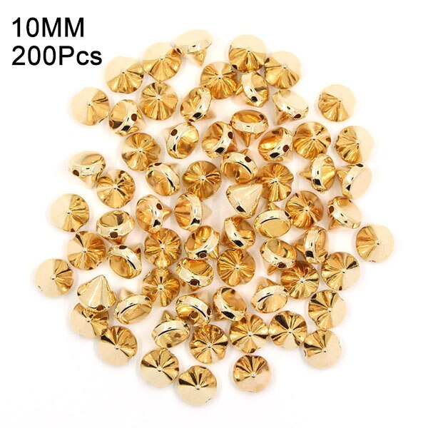 Picos y tachuelas de plástico cónico de 8/10MM, 2 agujeros, para coser, para tela, plata, oro, negro, CCB, remaches de cuero, artesanías Punk para bolsas: 10MM Gold 200Pcs