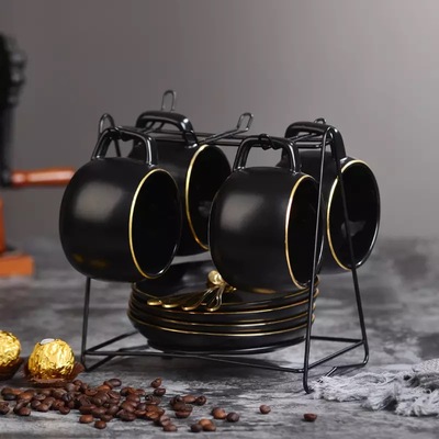 Tasse à café de luxe en céramique noire mate, 4 tasses avec soucoupe, tasse à thé au lait, pour les affaires, style nordique, de mariage