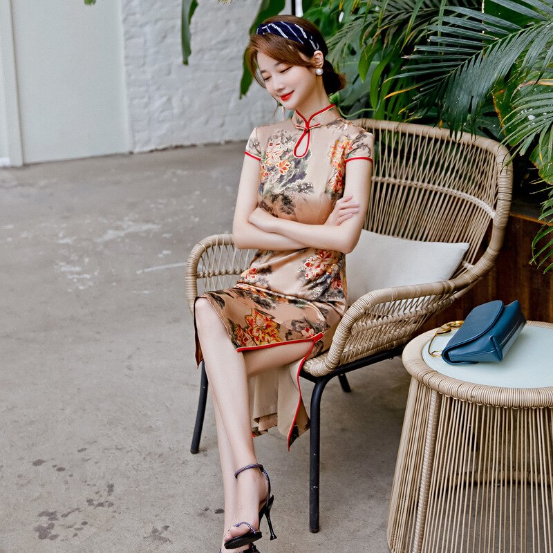 Women Mandarin Collar Silm Qipao Dress Satin Qipao... – Grandado