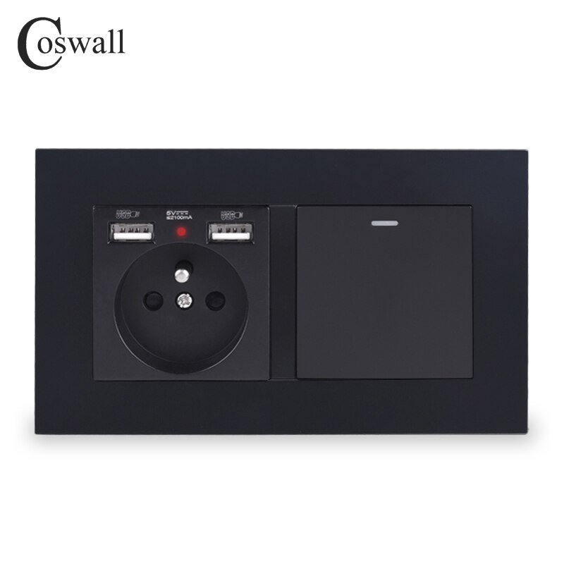 COSWALL Französisch Standard Steckdose Mit 2 USB Ladung Hafen + 1 Gang 1 Weg Auf/aus Rocker Licht schalter PC Tafel Schwarz Weiß Grau: Schwarz