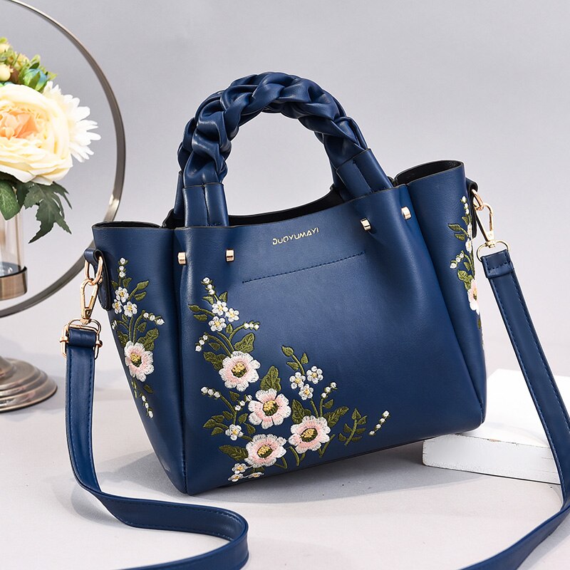 Weave handle Floral PU Leather Embroidery Women Handbags Brand Ladies Bag Shoulder White Female Handbags: Blue