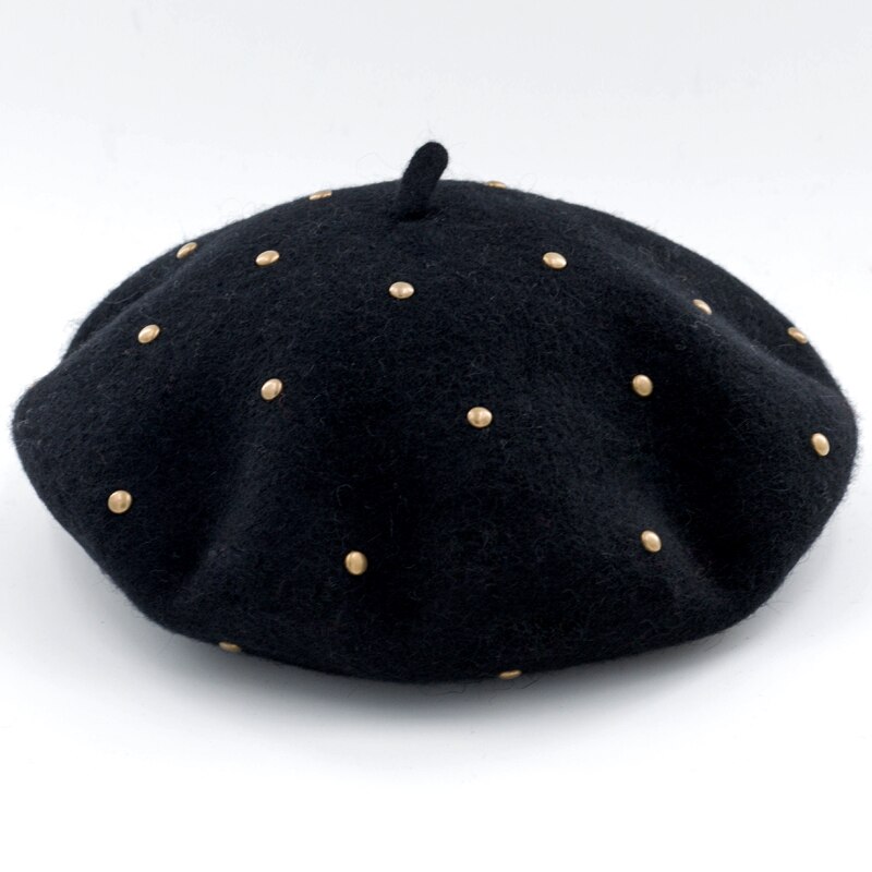 100%  vintage varm ull vinter dam basker fransk konstnär mössa mössa för söt tjej vår och höst hattar: Svart