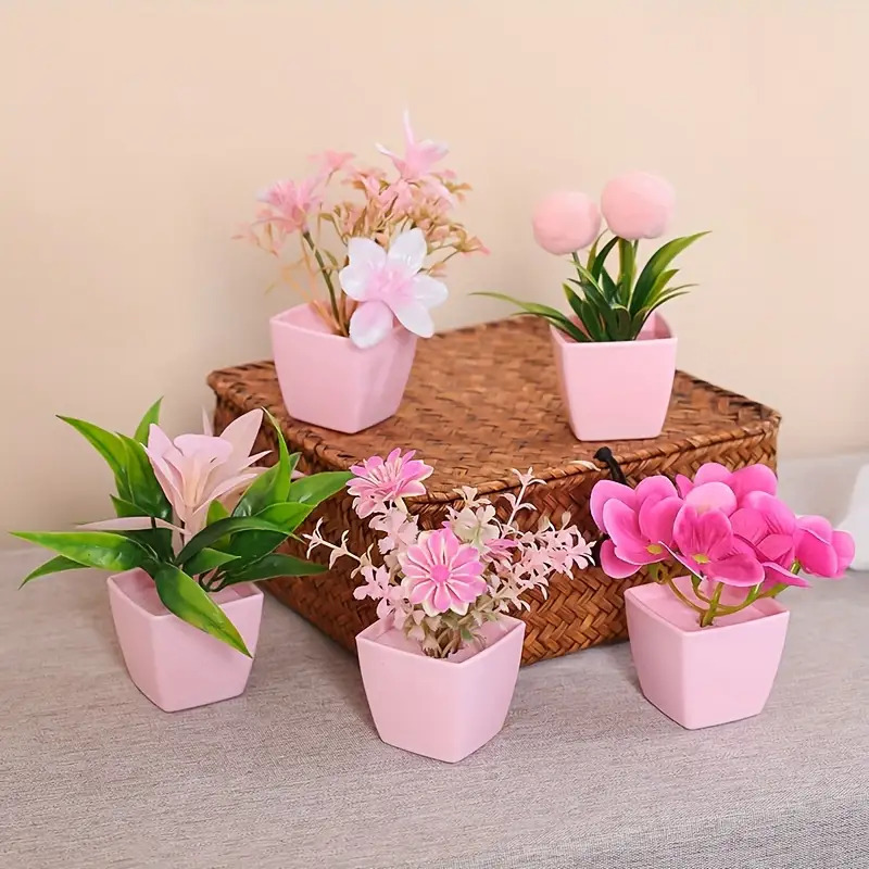 5 plantas suculentas artificiais em vaso rosa - estilo bonsai em miniatura, folhas brancas e verdes, perfeitas para decoração de casa e escritório, Nordi