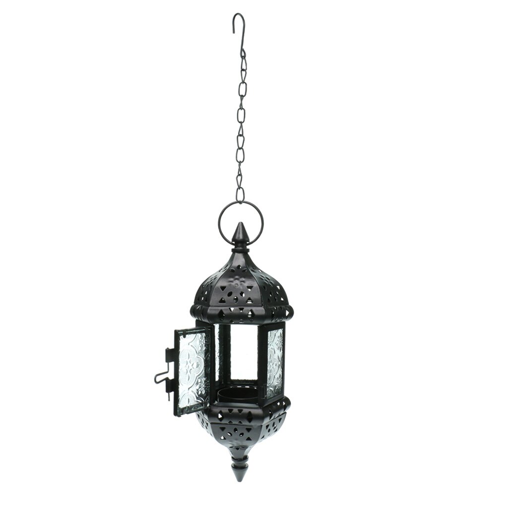 Retro Metal Hanging Candle Lantern Chandelier Moroccan Hollow , 9x9x24cm/3.54x3.54x9.45inch: Black 9x9x24cm  as