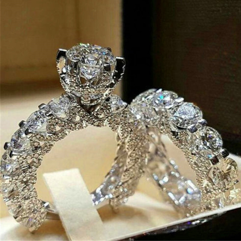 Crystal Vrouwelijke Zirkoon Wedding Ring Set Mode 925 Zilveren Bruids Sets Sieraden Promise Liefde Engagement Ringen Voor Vrouwen: 11