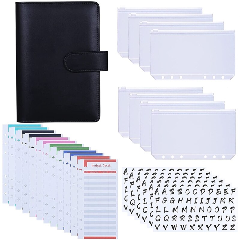 A6 PU Binder Case,with A6 Binder Pockets 12 Expense Budget Sheets Sticker Labels for 26 Categories Ring Budget Binder: black