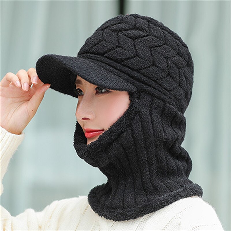 Double-Use Women Warm Knitted Hat Scarf Hooded Collar Elastic Winter All-Match Adult Teen Thick Soft Neck Warmer Female Caps: BLACK