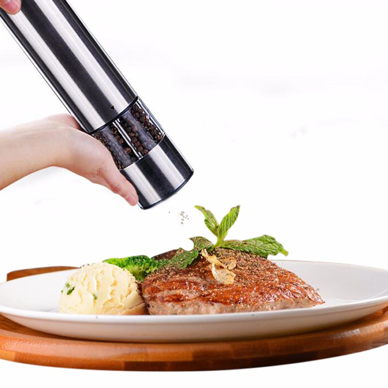 1Pcs Elektrische Pepermolen Roestvrij Staal Zout Peper Grinder Home Keuken Spice Grinder Gereedschap Met Led Licht