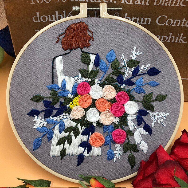 Kit de bordado de ramo de niña moderna, bordado artesanal, patrón de planta de casa, punto de cruz para principiantes (con ARO): D