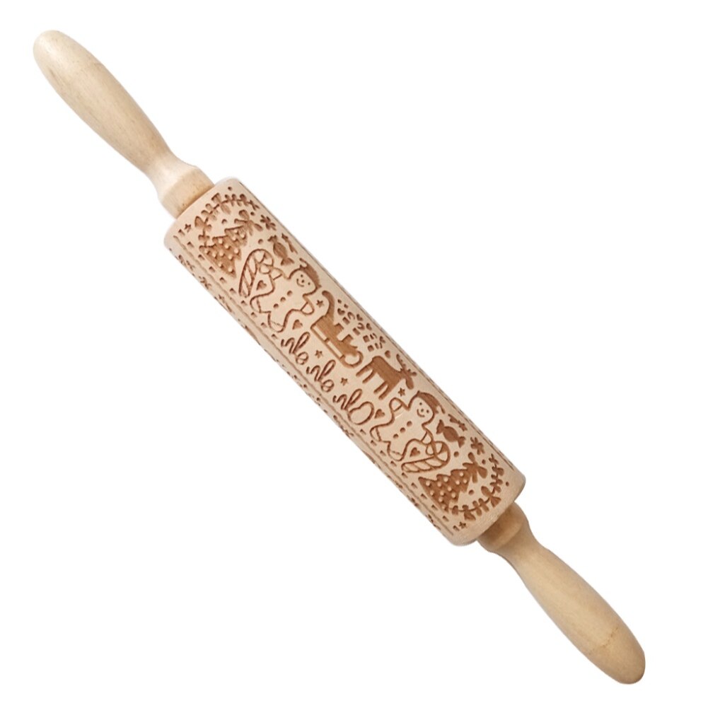 Wood Embossing Pizza Roll Pin Fondant Dough Deer Pattern Engraved Roller Stick Baking Pastry Tool Baking Christmas Accessories: F