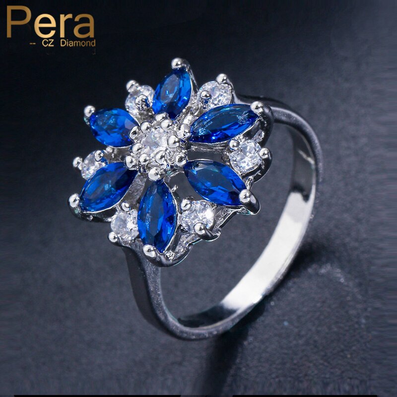 Pera moda feminina dedo jóias royal azul e branco zircônia cúbica grande cristal austríaco girassol anéis para presente feminino r004