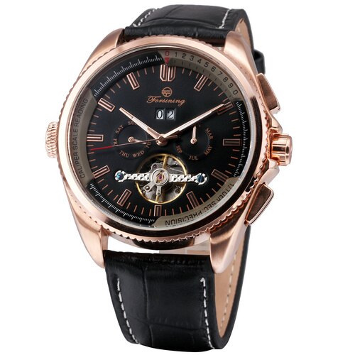 Forsining Luxe Top Brand Mannen Mechanische Automatische Horloge Man Tourbillon Horloge Kalender Datum Lichtgevende Handen Sub-Wijzerplaten + Box: ROSE GOLDEN BLACK