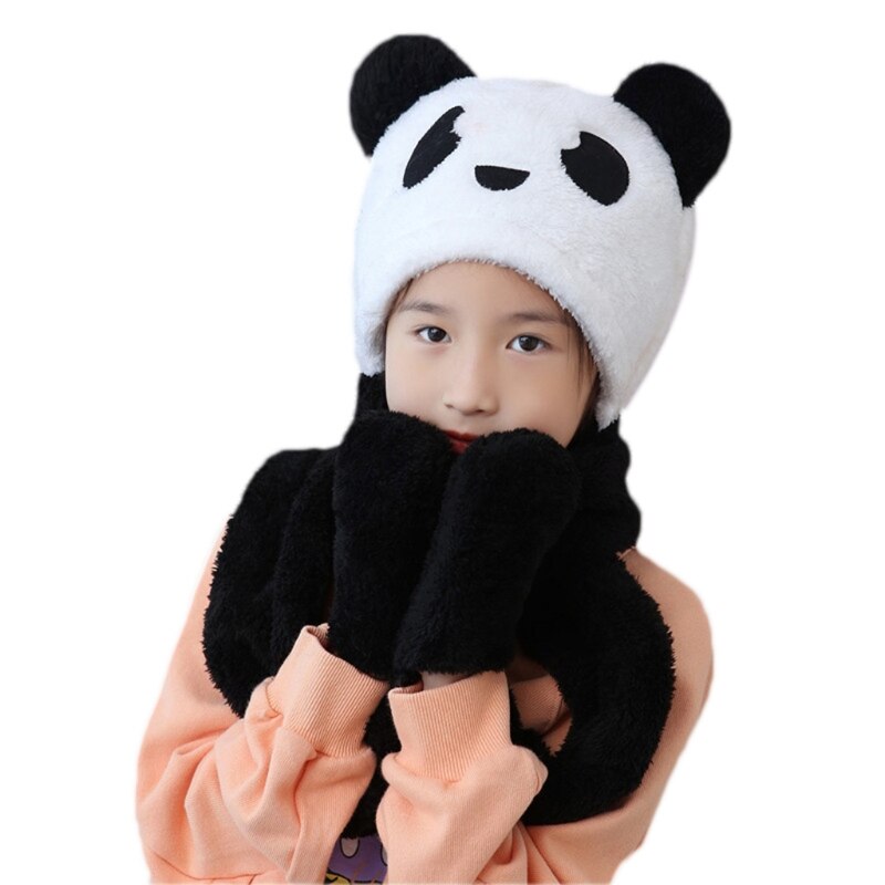 Peuter kinderen baby winter 3 in 1 muts lange sjaal handschoenen set panda dierenoren dikke pluizige pluche hoodie oorklep muts nekwarmer: B / S