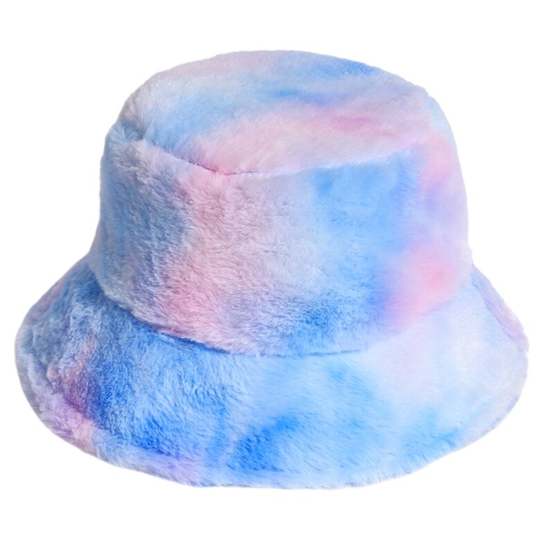 Women Winter Rainbow Colorful Tie Dye Bucket Hat Fluffy Fuzzy Plush Short Brim Sunscreen Thick Warm Panama Fisherman Cap: 6