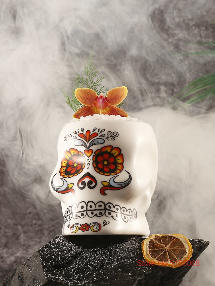 Cráneo de tatuaje cóctel especial de América del Norte taza de TIKI de Hawaii con cara pintada de flores, Bar, cultura Molecular, mezclada, copa de vino