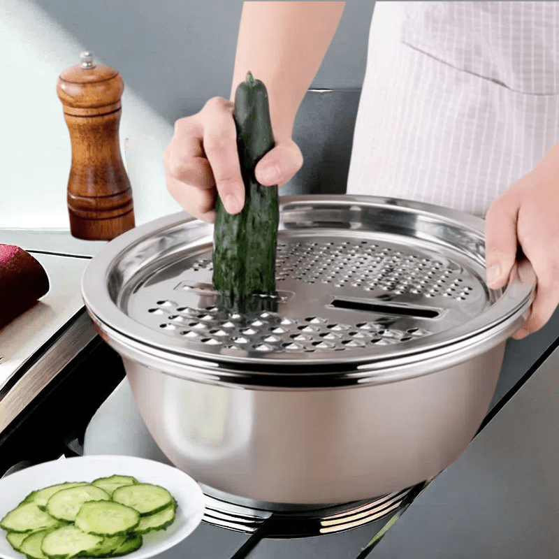 Cubiertas para cuencos de cocina de acero inoxidable de 3 piezas, cuenco para mezclar multifuncional, cepilladora, rebanado multicapa desmontable