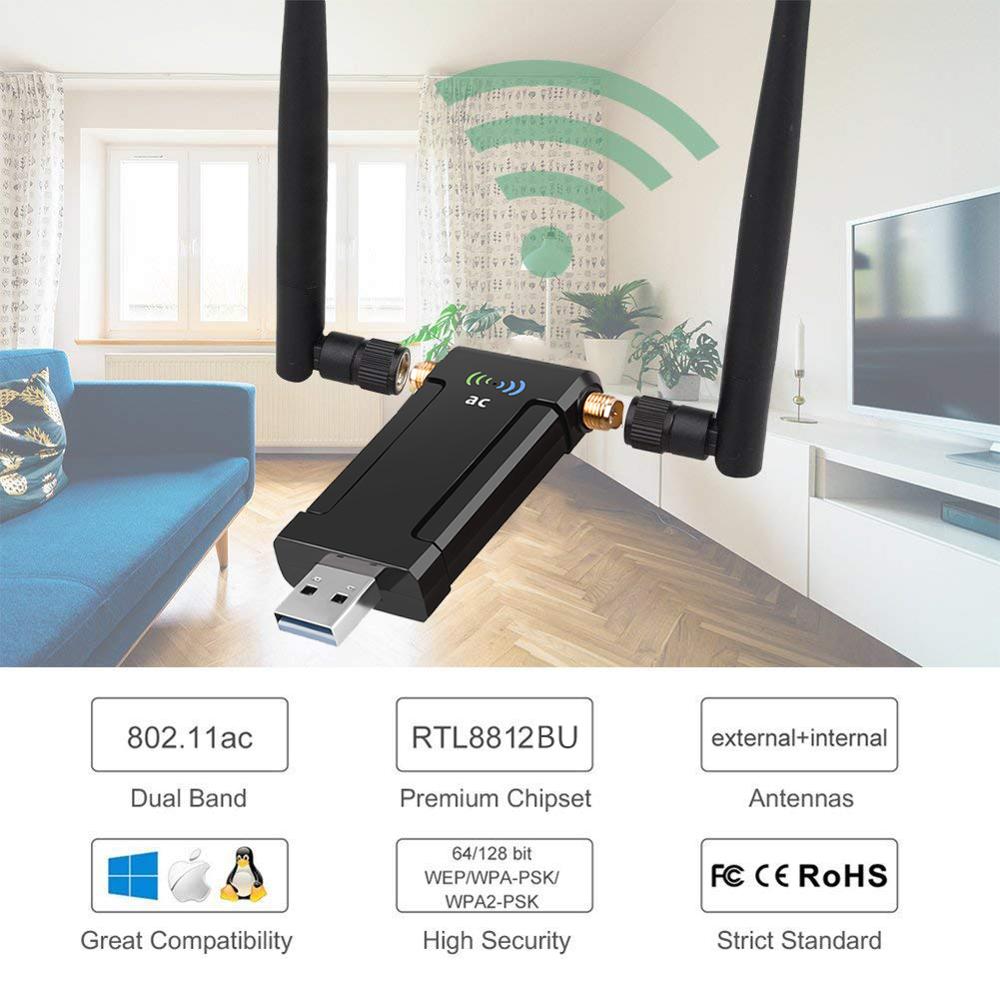 1200Mbps Wireless USB Network Card USB3.0 Dual Band 2.4G&5.8G Wifi Receiver & Wireless Adapter for PC with 2Pcs Antennas