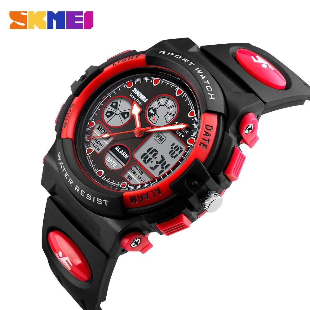 Skmei Dual Display Kinderen Horloge Led Digitale Horloge Pu Sport Shockproof 50M Waterdicht Alarm Sport Jongens Meisjes Kids klokken: Red