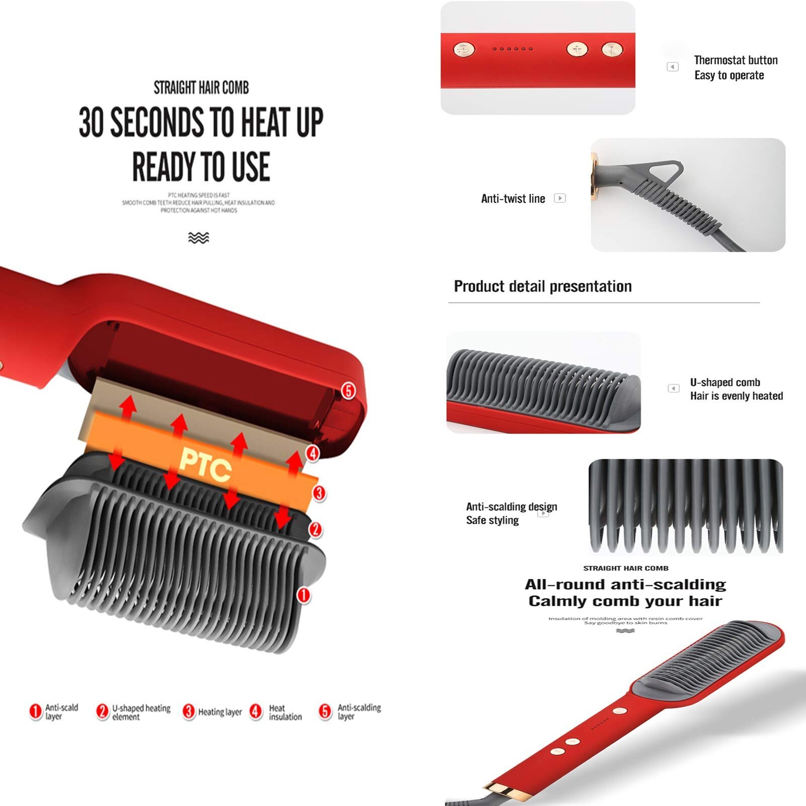 Lisseur de cheveux multifonctionnel, fer plat en céramique Tourmaline, fer à friser, ondulation, peigne
