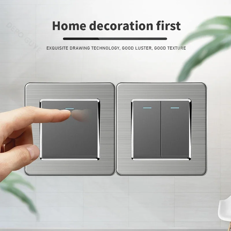 Universal Wall Light Switch Brushed Stainless steel Panel,UK Type-c 18W Quick Charging Socket 220V Double USB Electrical Outlet