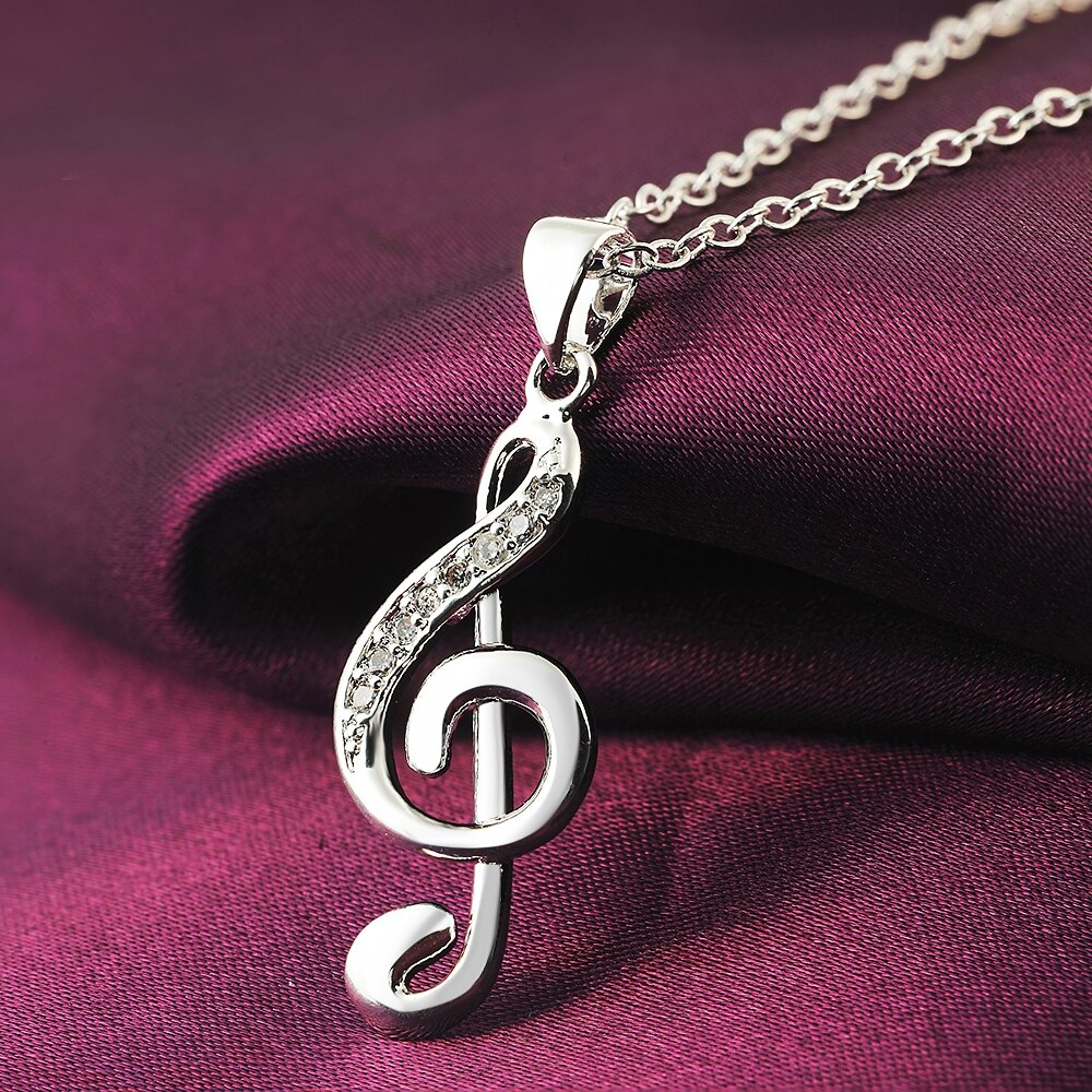 AGLOVER AAA Zircon 18 Inches 925 Sterling Silver Music Note Pendant Necklace For Women Charm Jewelry Party Birthday: Default Title